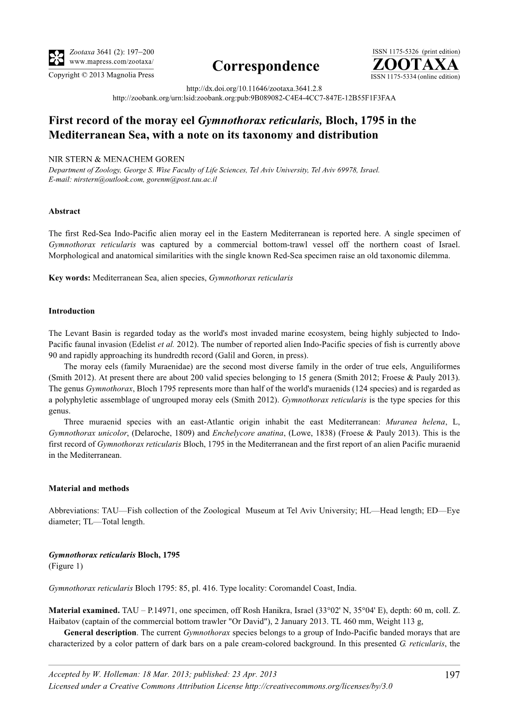 First Record of the Moray Eel Gymnothorax Reticularis, Bloch, 1795 in the Mediterranean Sea, with a Note on Its Taxonomy and Distribution