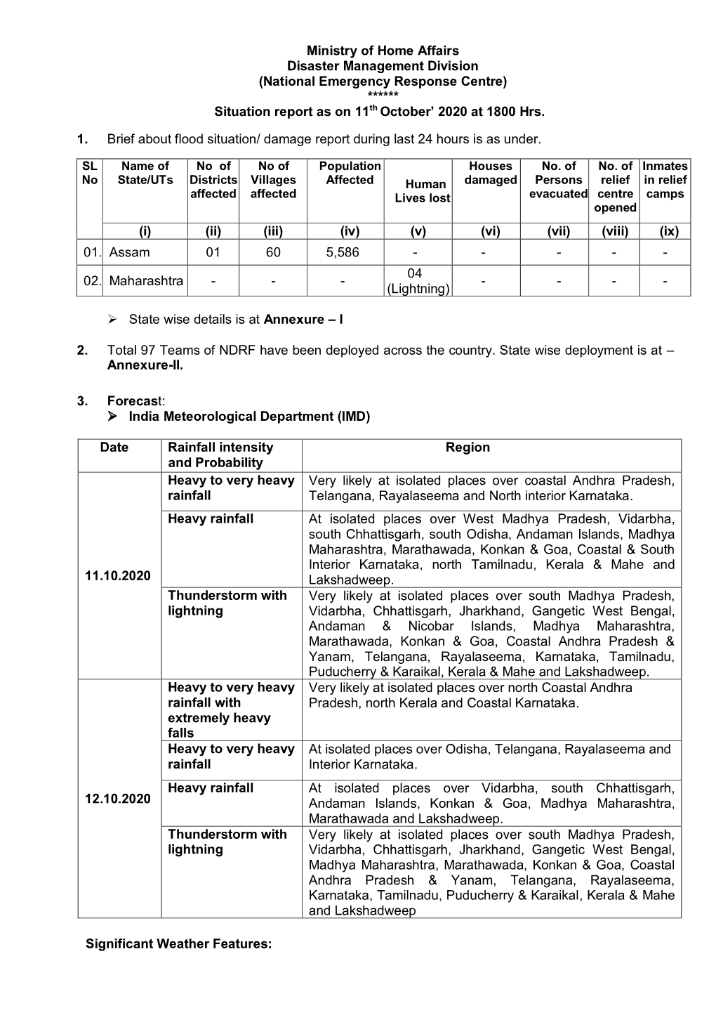 (National Emergency Response Centre) ****** Situation Report As on 11Th October’ 2020 at 1800 Hrs