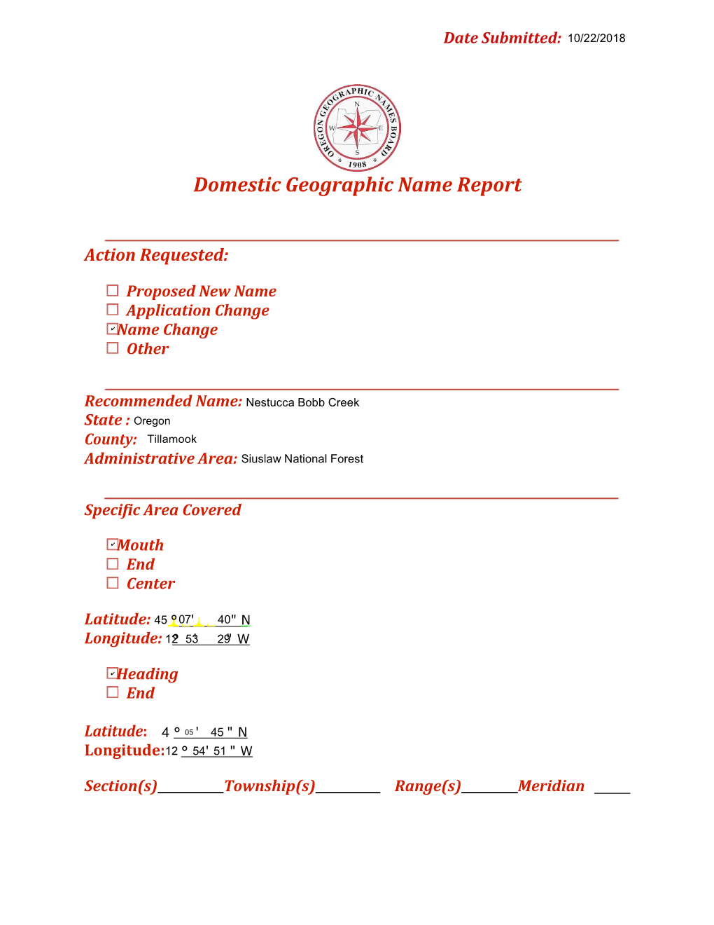 Domestic Geographic Name Report