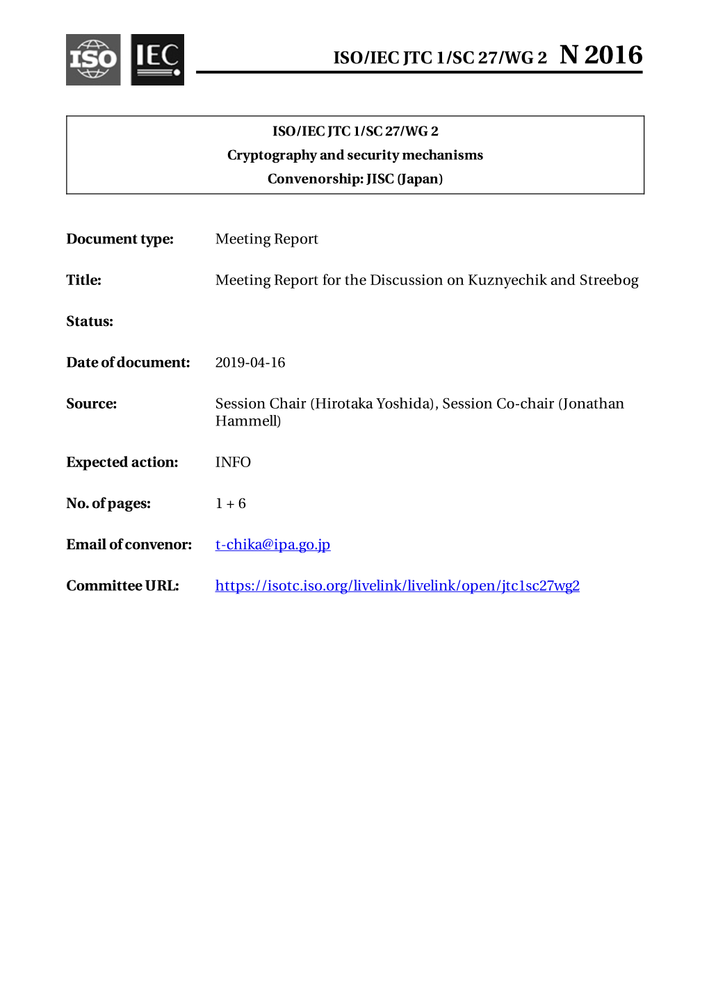 Iso/Iec Jtc 1/Sc 27/Wg 2 N 2016