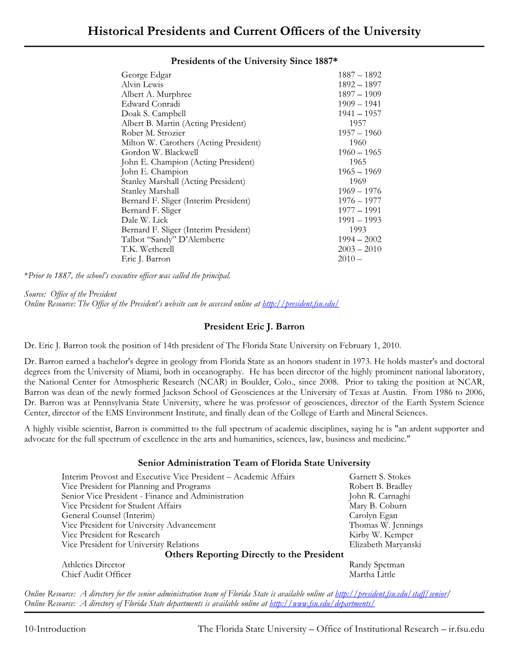 Historical Presidents and Current Officers of the University