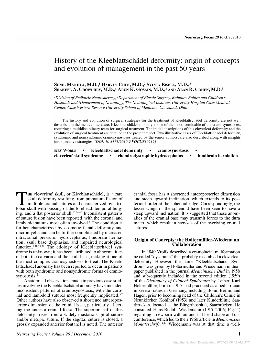 History of the Kleeblattschädel Deformity: Origin of Concepts and Evolution of Management in the Past 50 Years