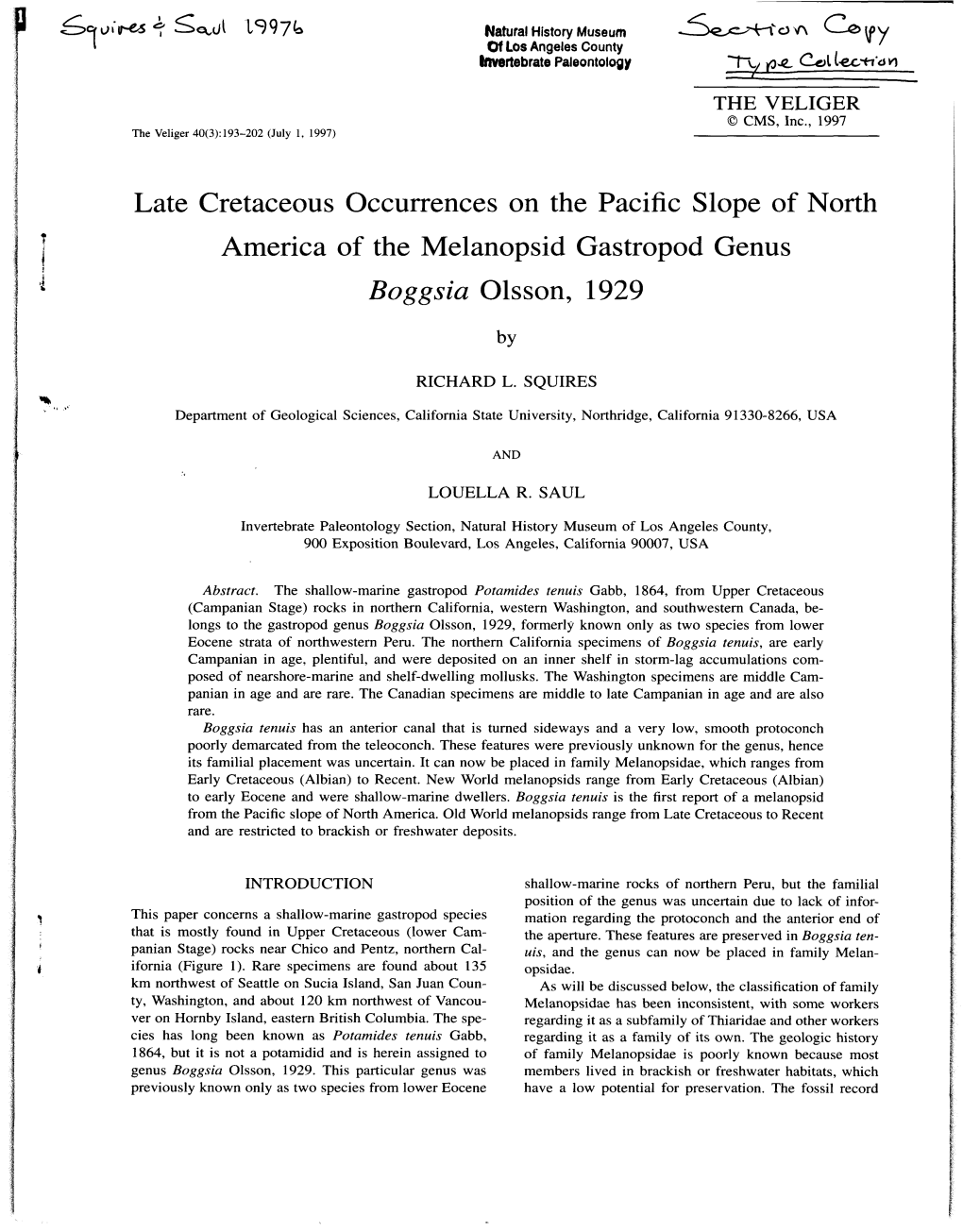 Fov\ Ce V Y Late Cretaceous Occurrences on the Pacific Slope Of