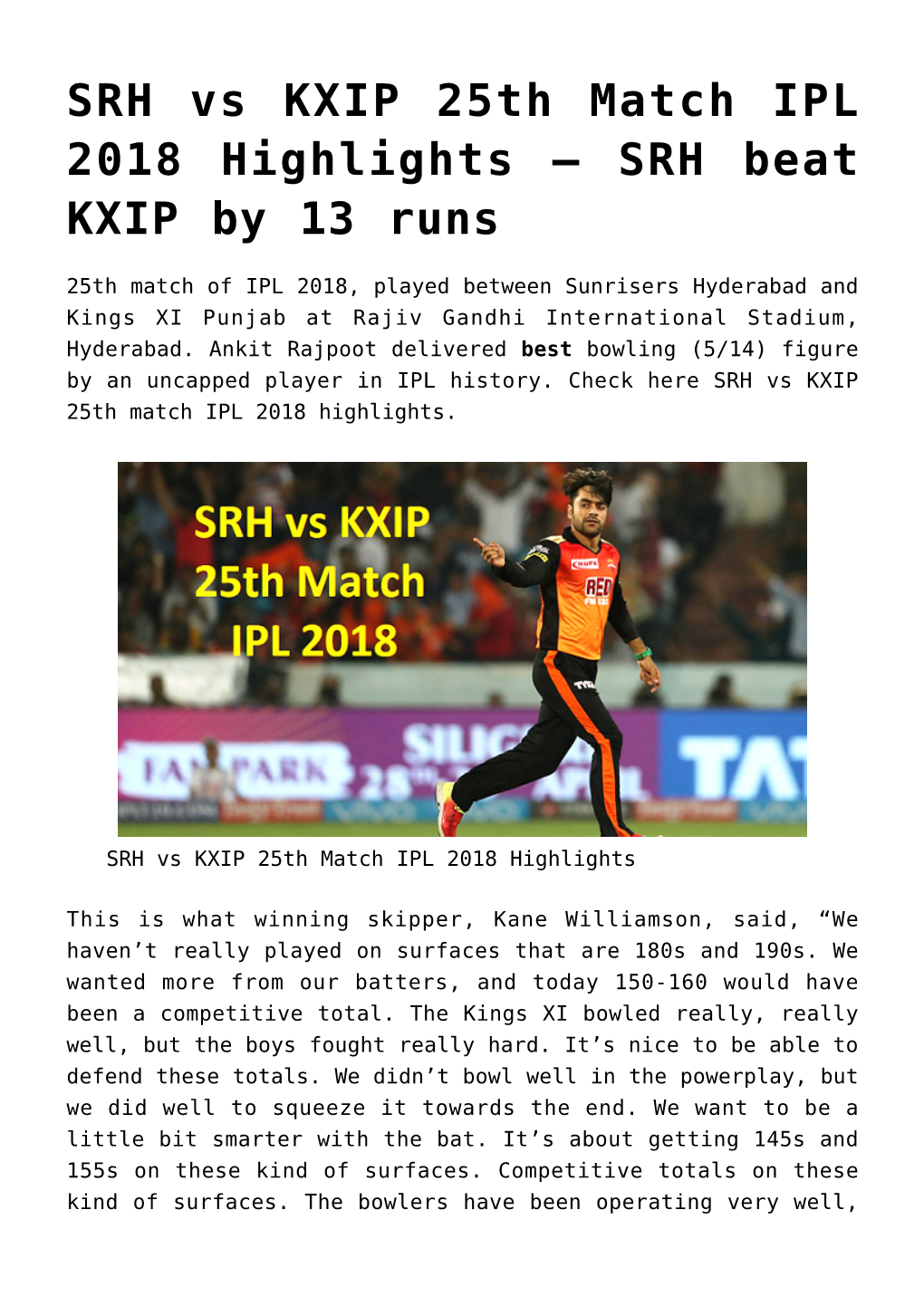 SRH Vs KXIP 25Th Match IPL 2018 Highlights &#8211