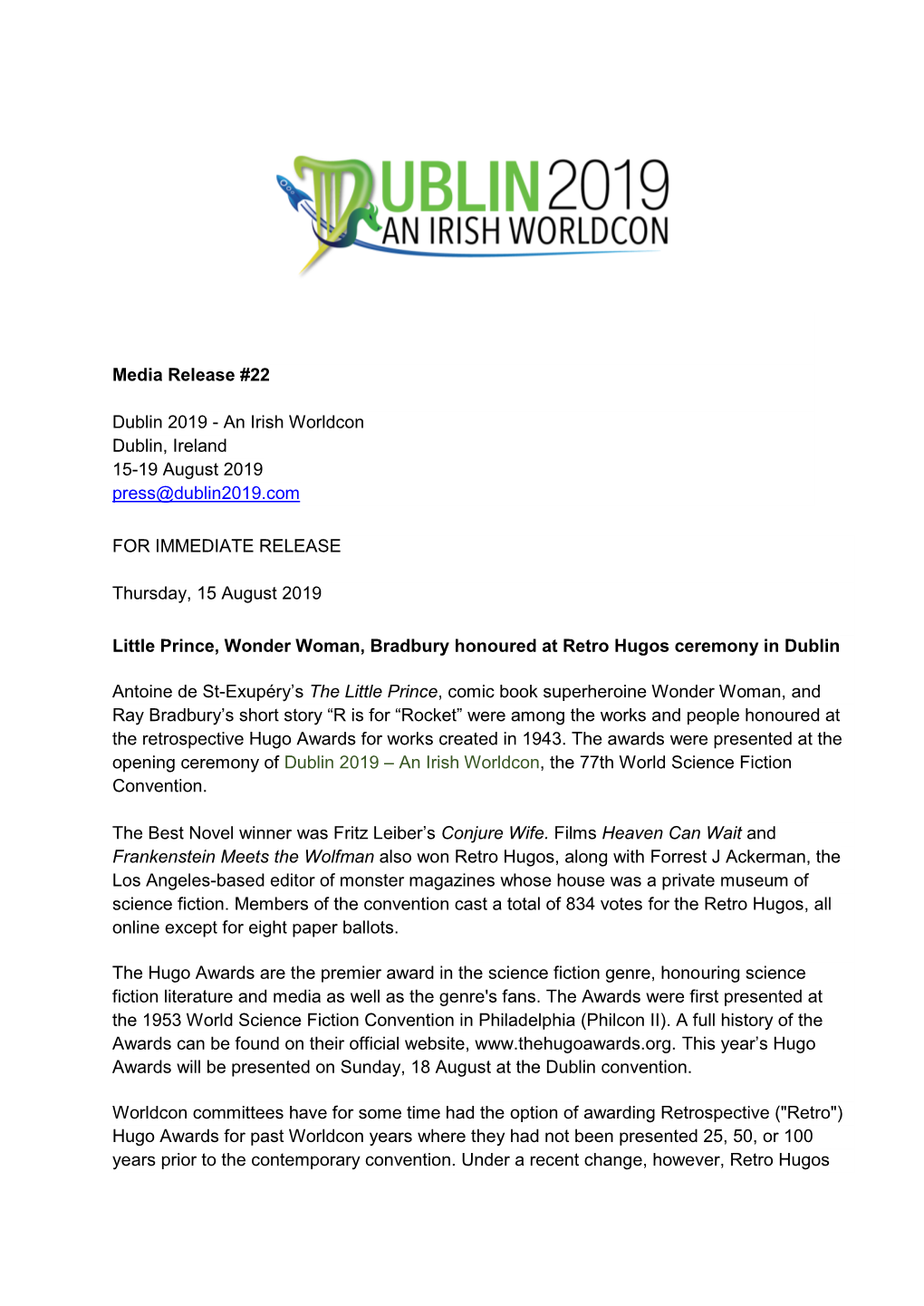 Media Release #22 Dublin 2019