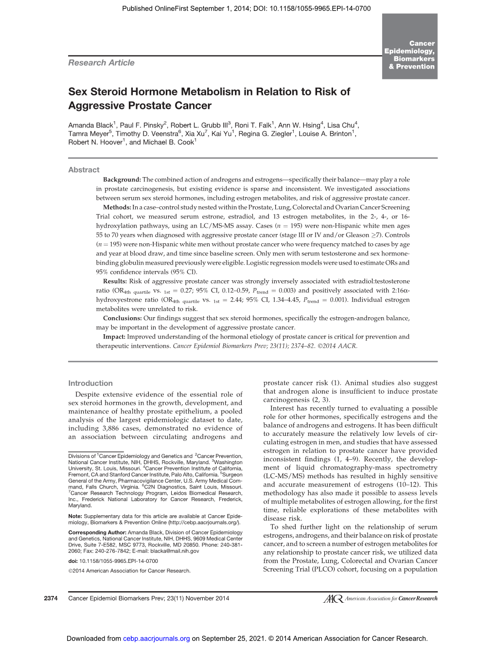 Sex Steroid Hormone Metabolism in Relation to Risk of Aggressive Prostate Cancer