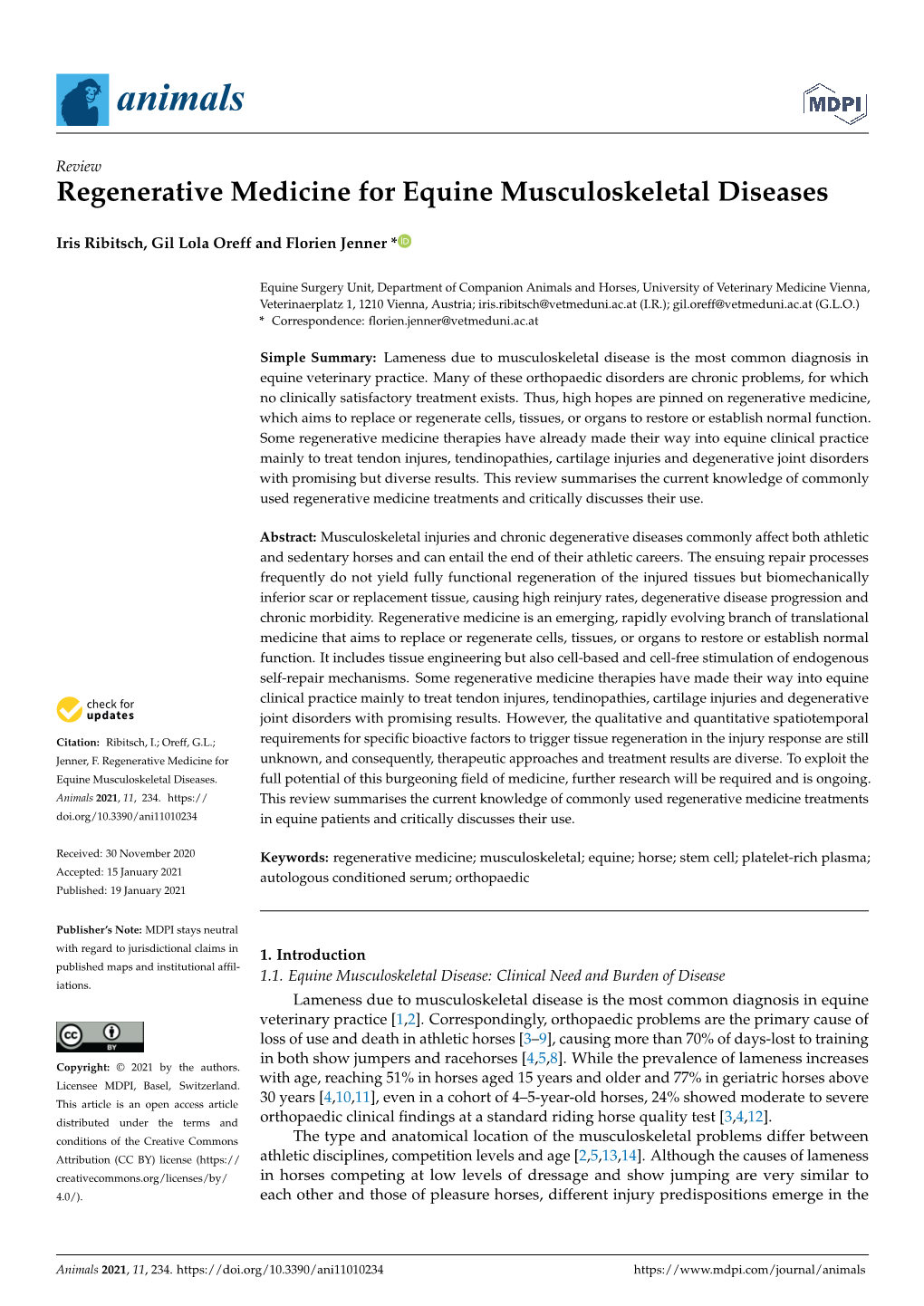 Regenerative Medicine for Equine Musculoskeletal Diseases