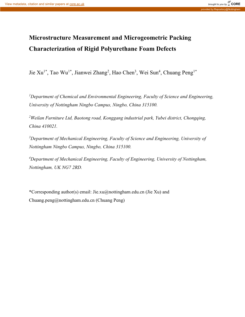 Microstructure Measurement and Microgeometric Packing Characterization of Rigid Polyurethane Foam Defects