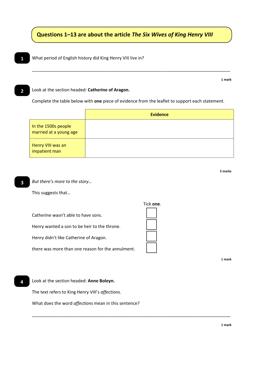 Questions 1–13 Are About the Article the Six Wives of King Henry VIII