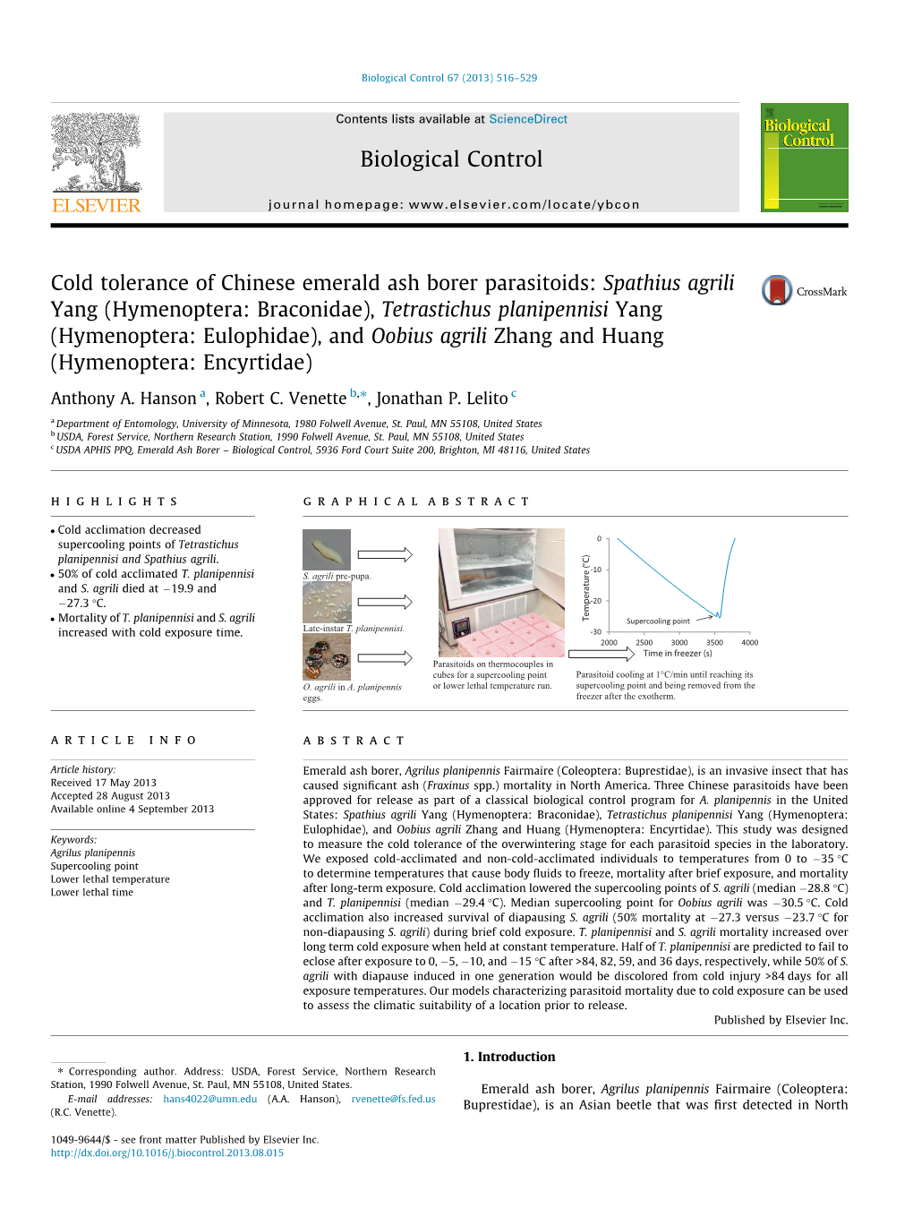 Cold Tolerance of Chinese Emerald Ash Borer Parasitoids: Spathius