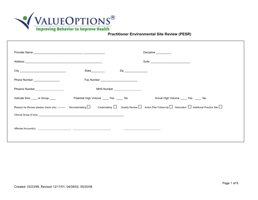 Practitioner Environmental Site Review (PESR)