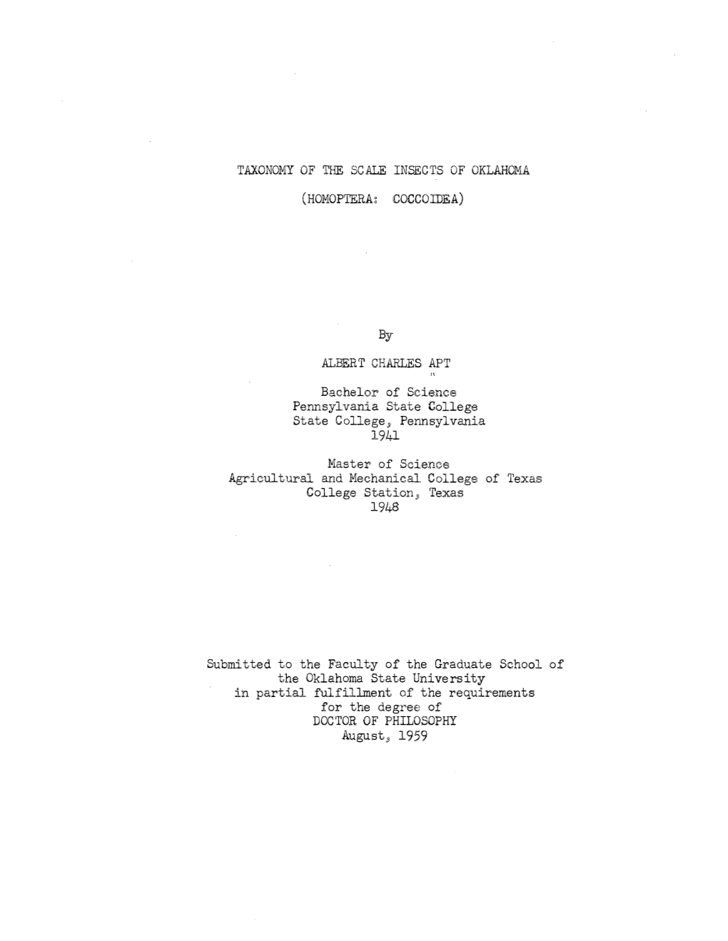 TAXONOMY of the SCALE INSECTS of OKLAHOMA (Homop1erai COCCOIDEA)