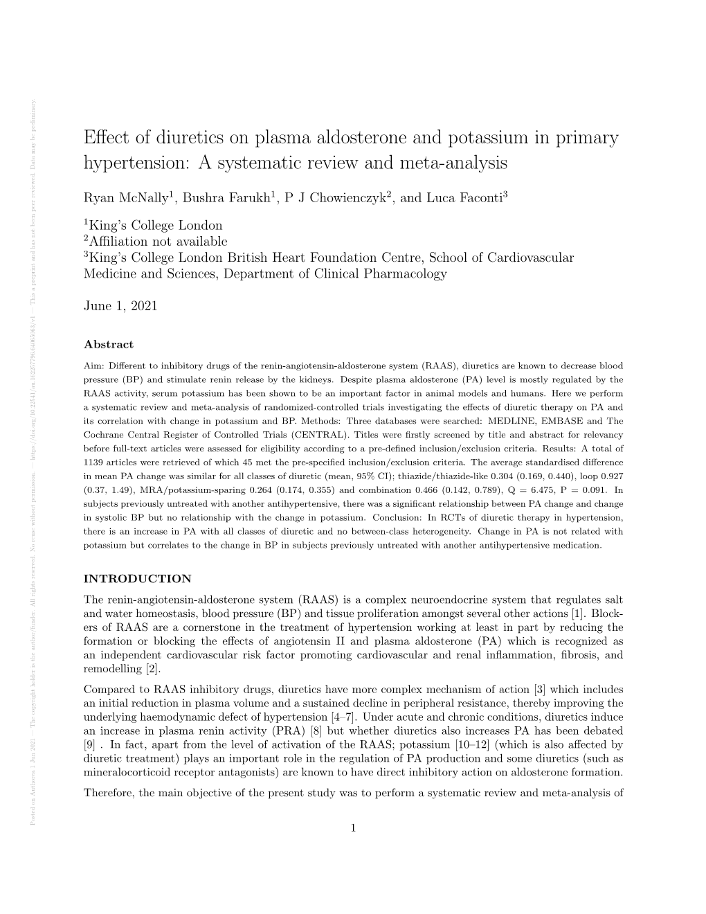 Effect of Diuretics on Plasma Aldosterone And