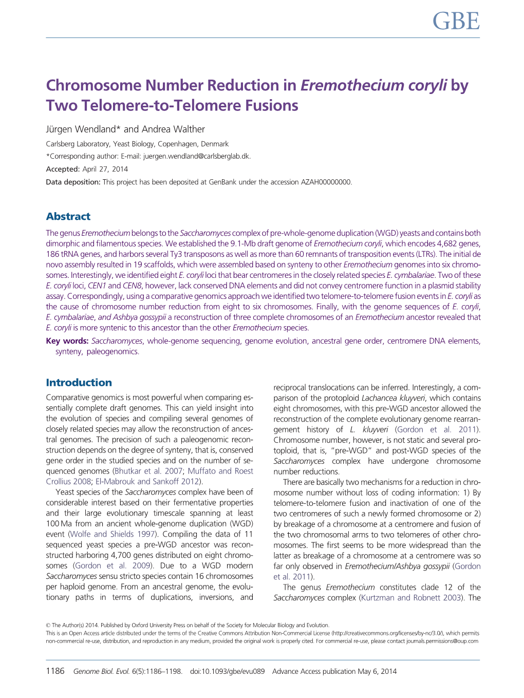 Chromosome Number Reduction in Eremothecium Coryli by Two Telomere-To-Telomere Fusions