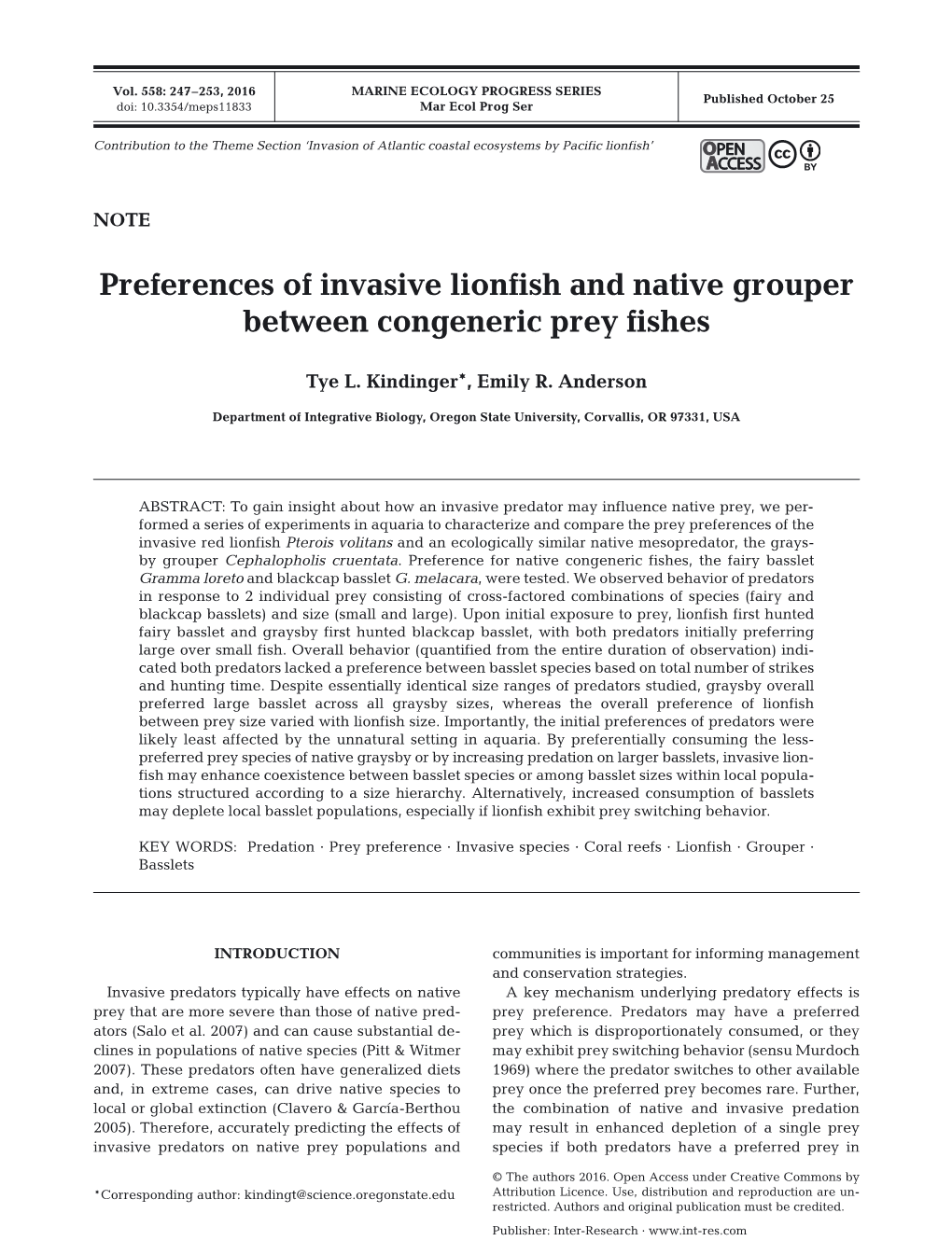 Preferences of Invasive Lionfish and Native Grouper Between Congeneric Prey Fishes