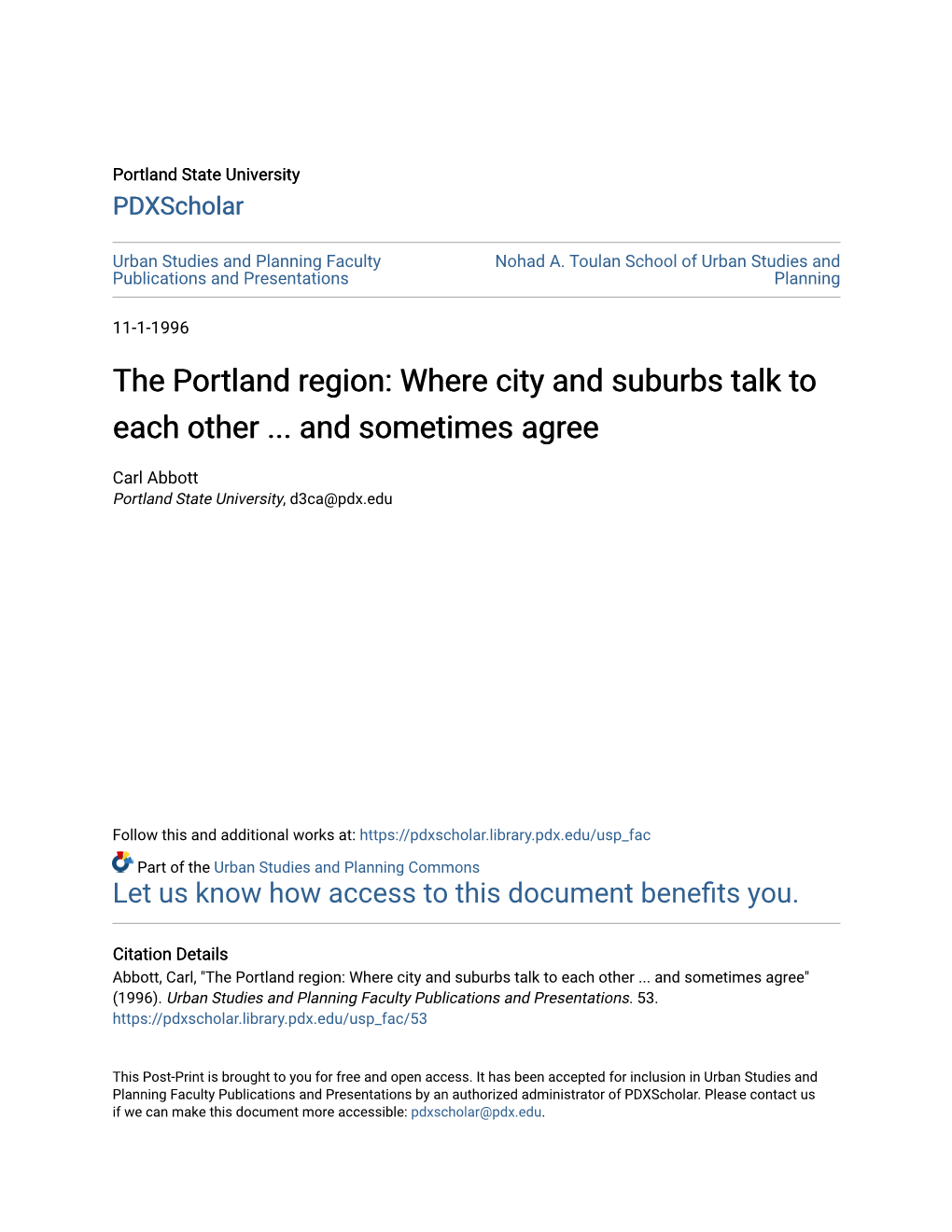 The Portland Region: Where City and Suburbs Talk to Each Other