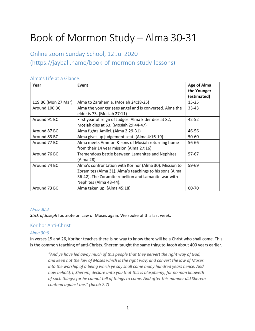 Book of Mormon Study – Alma 30-31 Online Zoom Sunday School, 12 Jul 2020 (