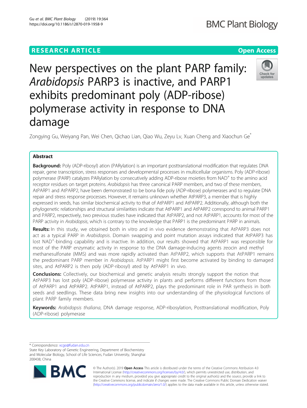 New Perspectives on the Plant PARP Family: Arabidopsis PARP3 Is