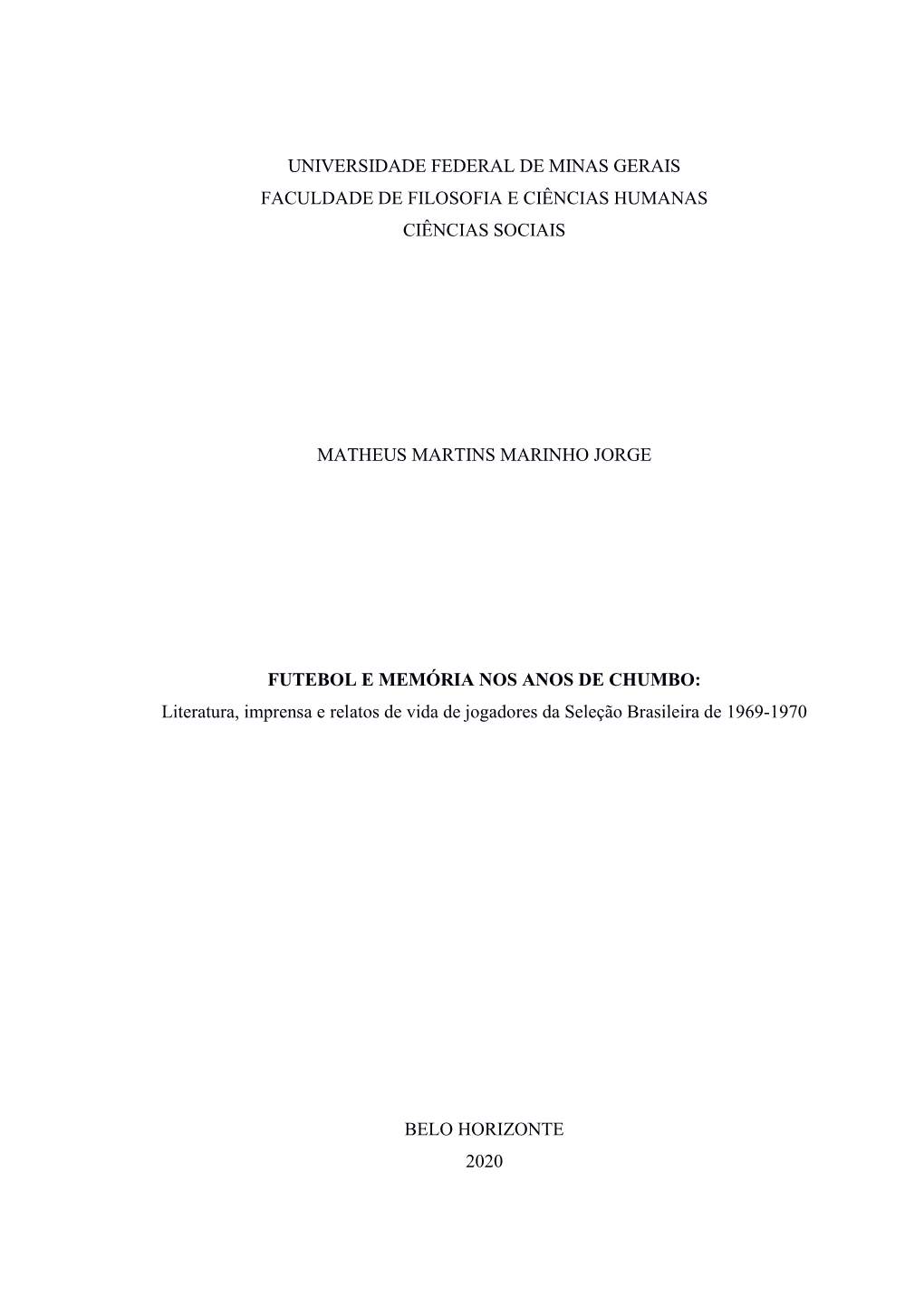 Universidade Federal De Minas Gerais Faculdade De Filosofia E Ciências Humanas Ciências Sociais