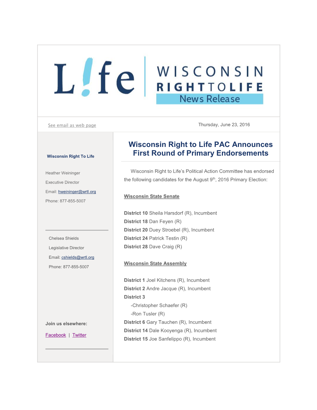 Wisconsin Right to Life PAC Announces First Round of Primary Endorsements