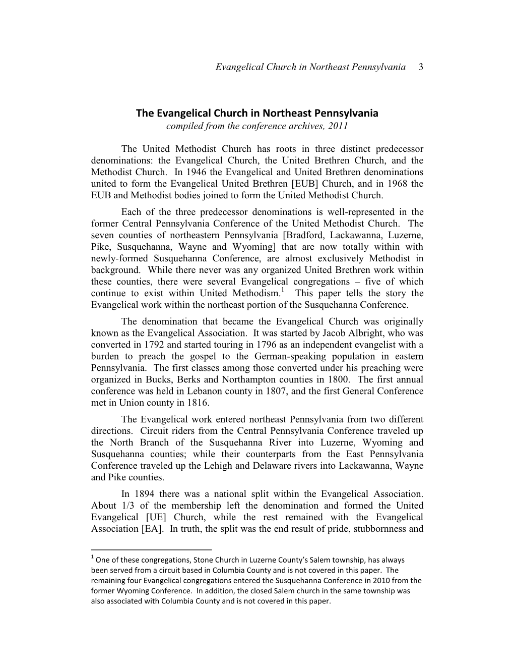 The Evangelical Church in Northeast Pennsylvania Compiled from the Conference Archives, 2011