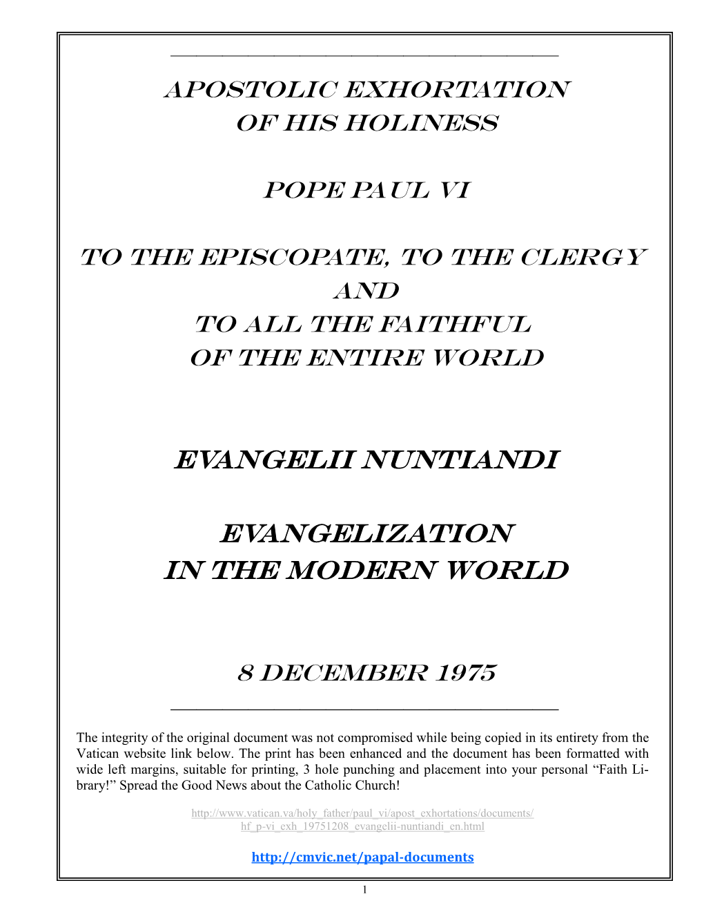 Evangelii Nuntiandi Evangelization in The