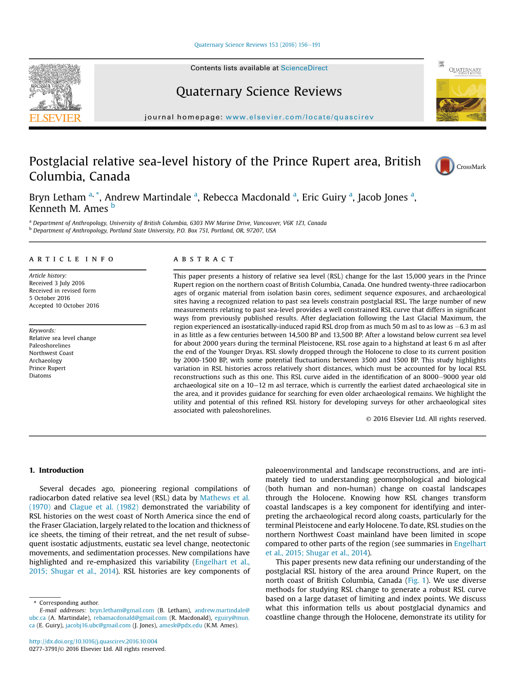 Postglacial Relative Sea-Level History of the Prince Rupert Area, British Columbia, Canada