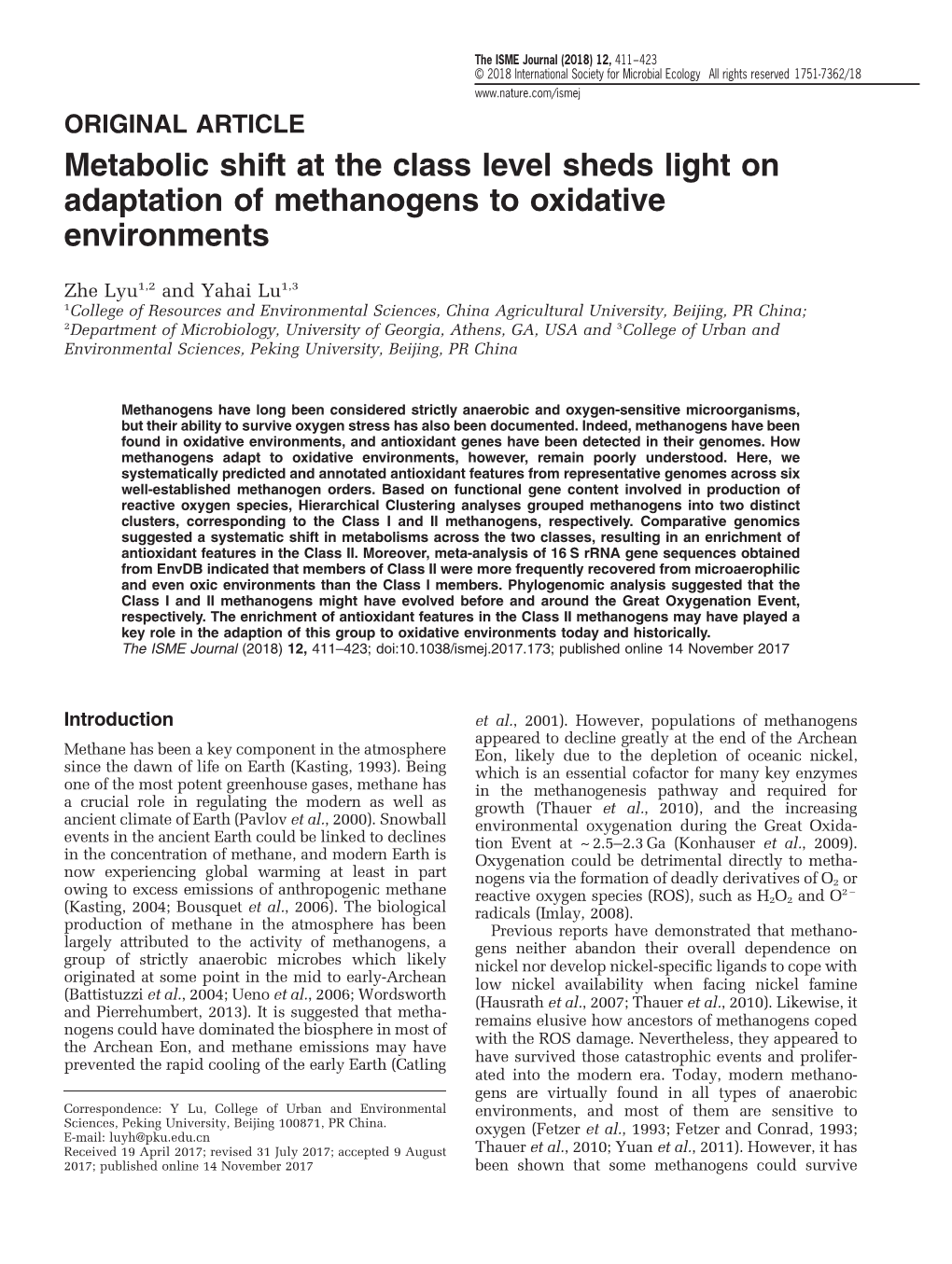 Metabolic Shift at the Class Level Sheds Light on Adaptation of Methanogens to Oxidative Environments