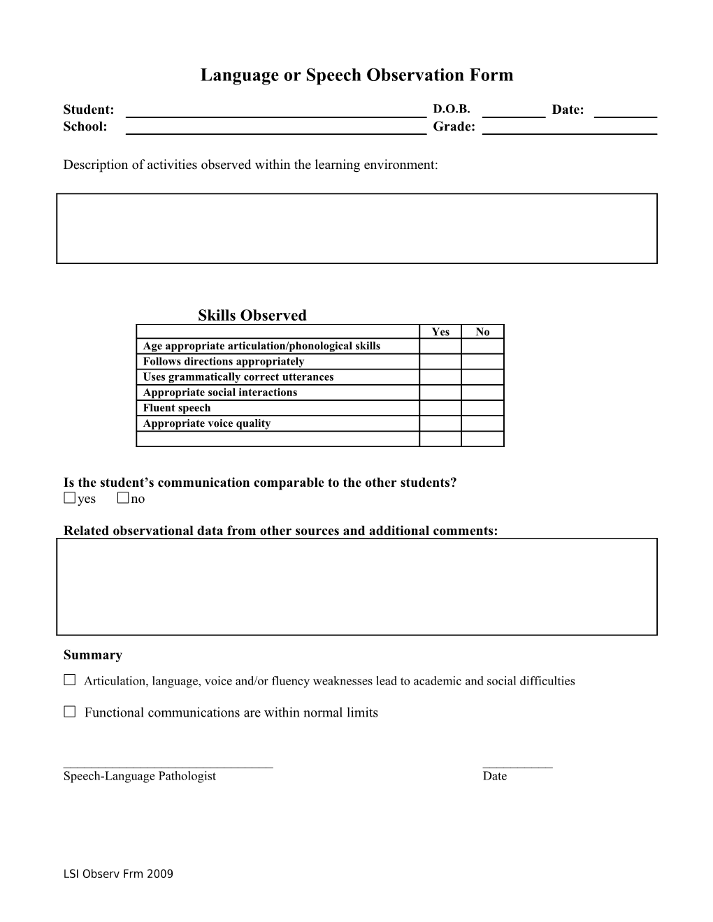 Speech-Language Observation Form