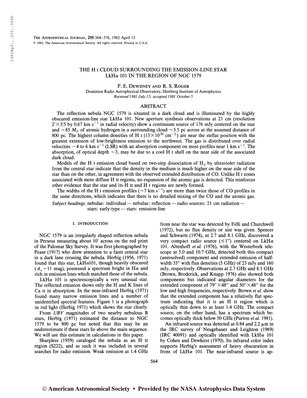 1982Apj. . .255. .564D the Astrophysical Journal, 255:564-576, 1982 April 15 © 1982. the American Astronomical Society. All