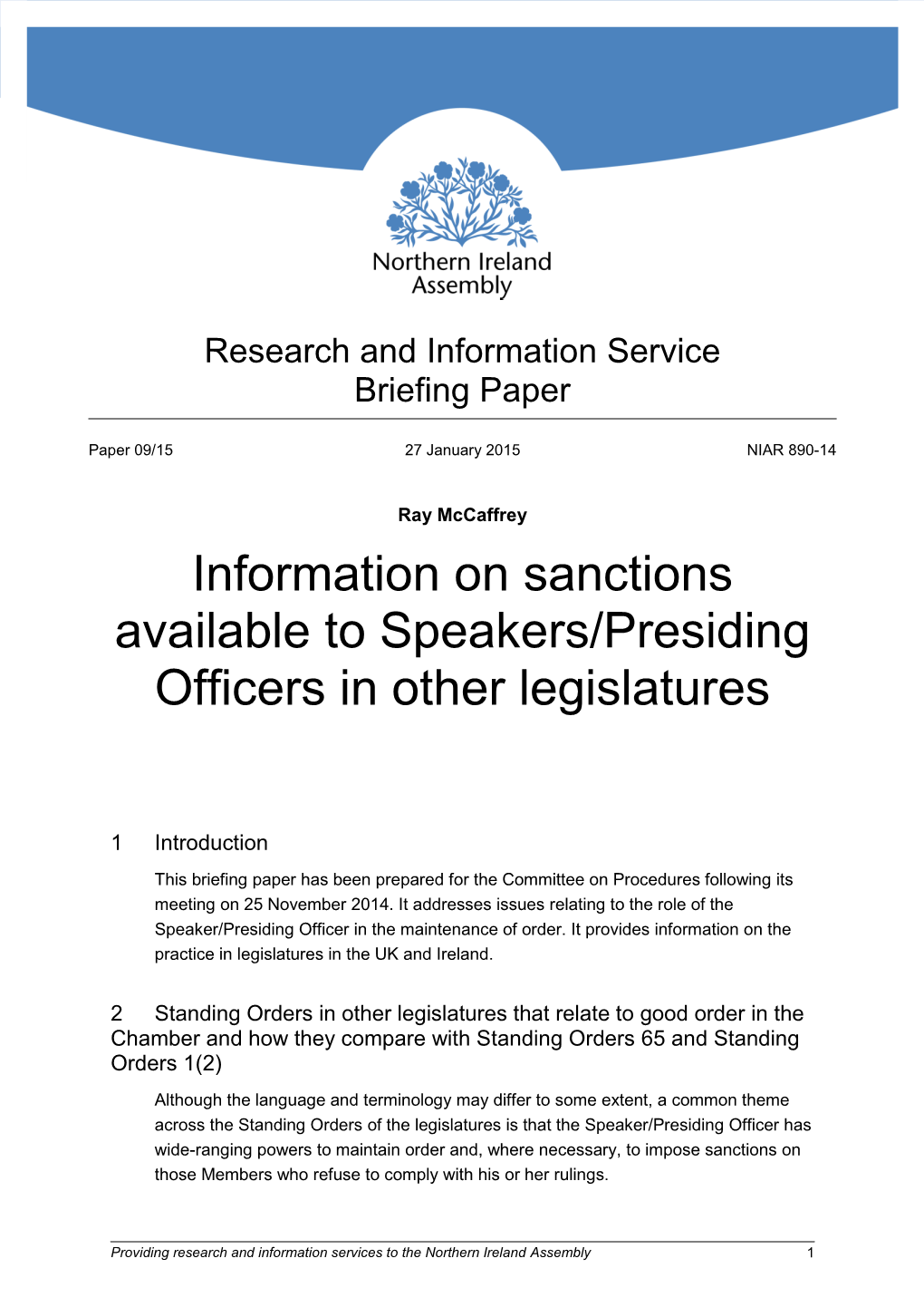 Information on Sanctions Available to Speakers/Presiding Officers in Other Legislatures