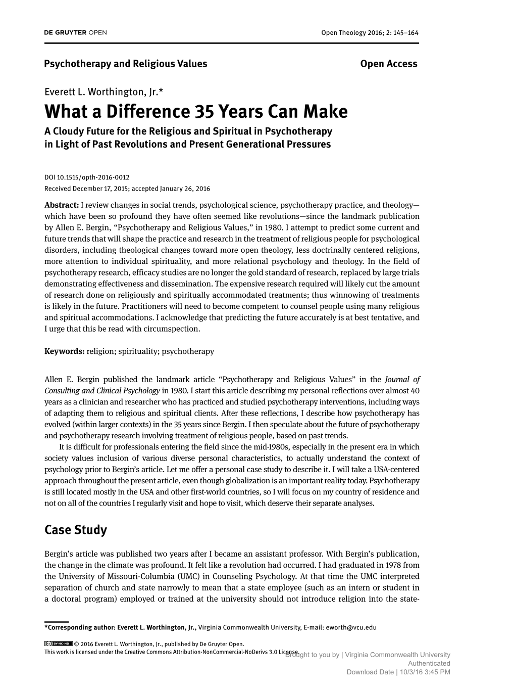 What a Difference 35 Years Can Make a Cloudy Future for the Religious and Spiritual in Psychotherapy in Light of Past Revolutions and Present Generational Pressures