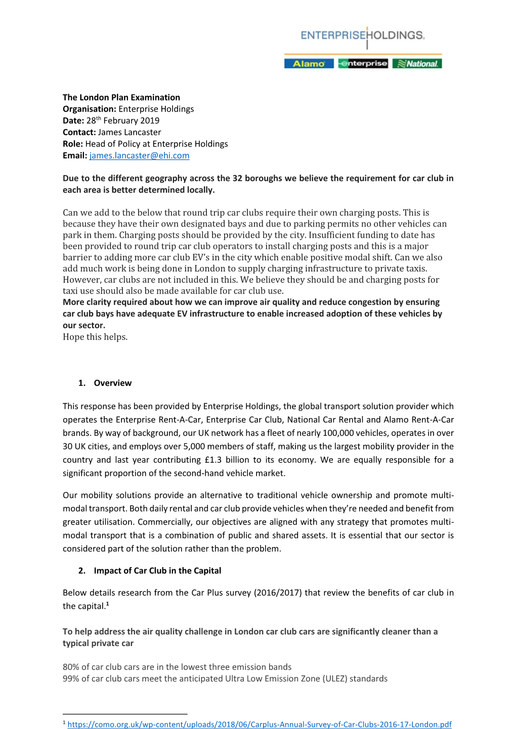 Enterprise Holdings Date: 28Th February 2019 Contact: James Lancaster Role: Head of Policy at Enterprise Holdings Email: James.Lancaster@Ehi.Com