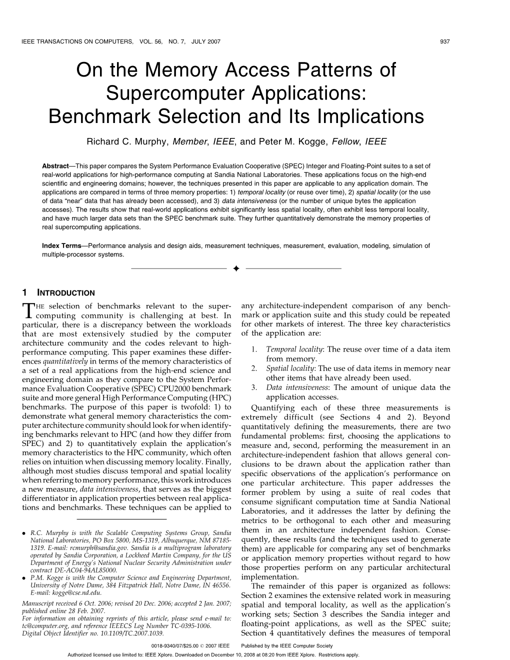 On the Memory Access Patterns of Supercomputer Applications: Benchmark Selection and Its Implications