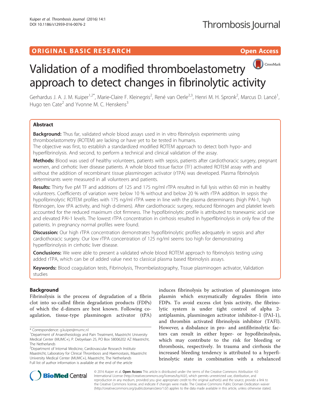 Validation of a Modified Thromboelastometry Approach to Detect Changes in Fibrinolytic Activity Gerhardus J