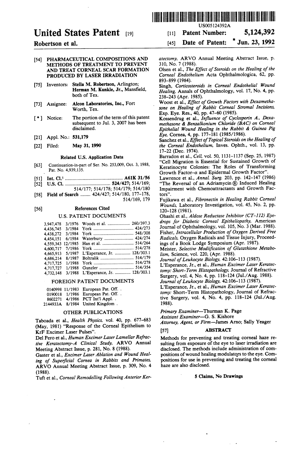 United States Patent (19) 11 Patent Number: 5,124,392 Robertson Et Al