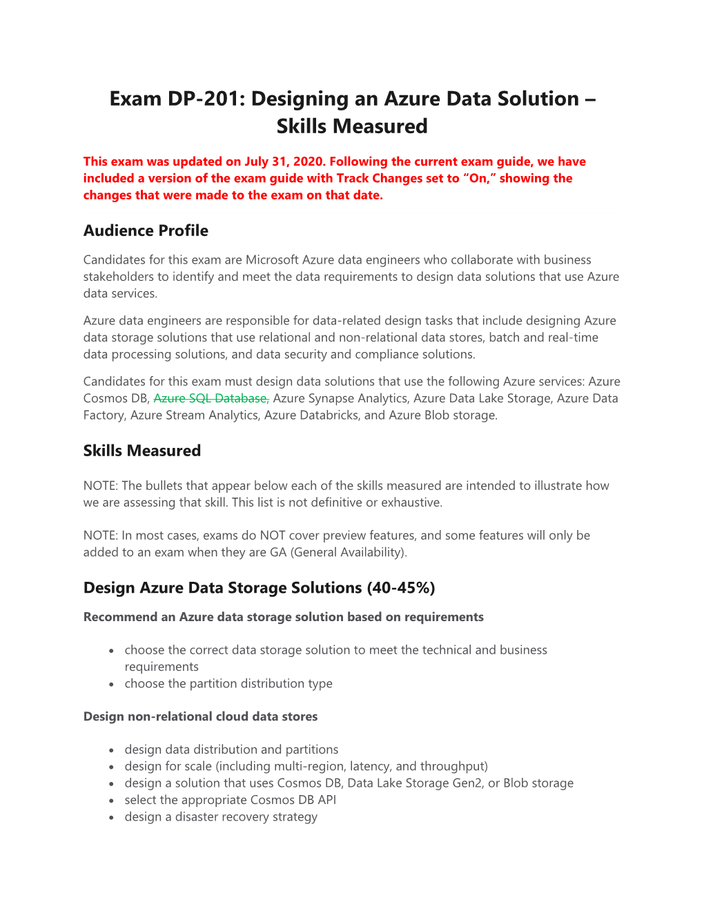 Exam DP-201: Designing an Azure Data Solution – Skills Measured