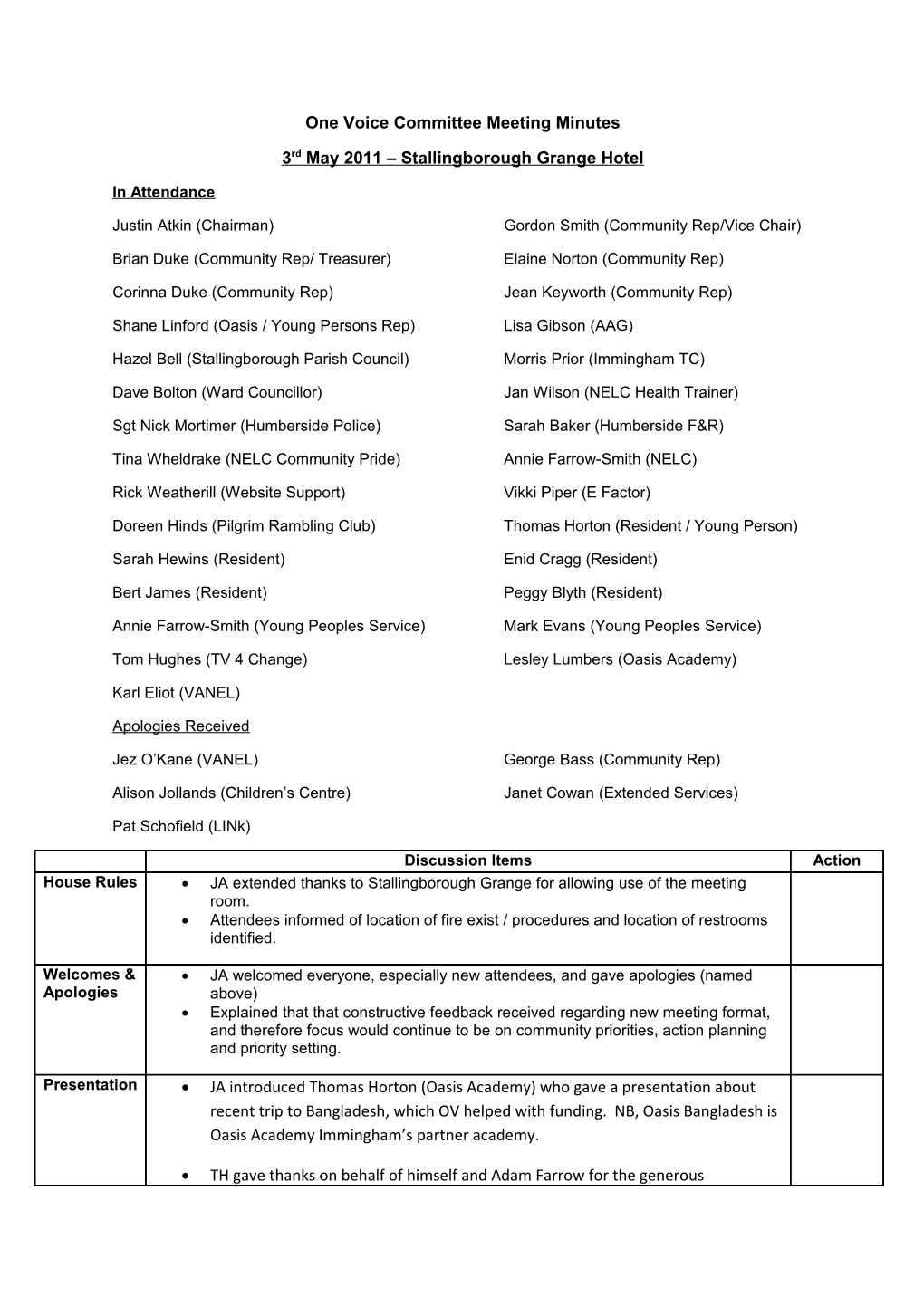 One Voice Committee Meeting Minutes