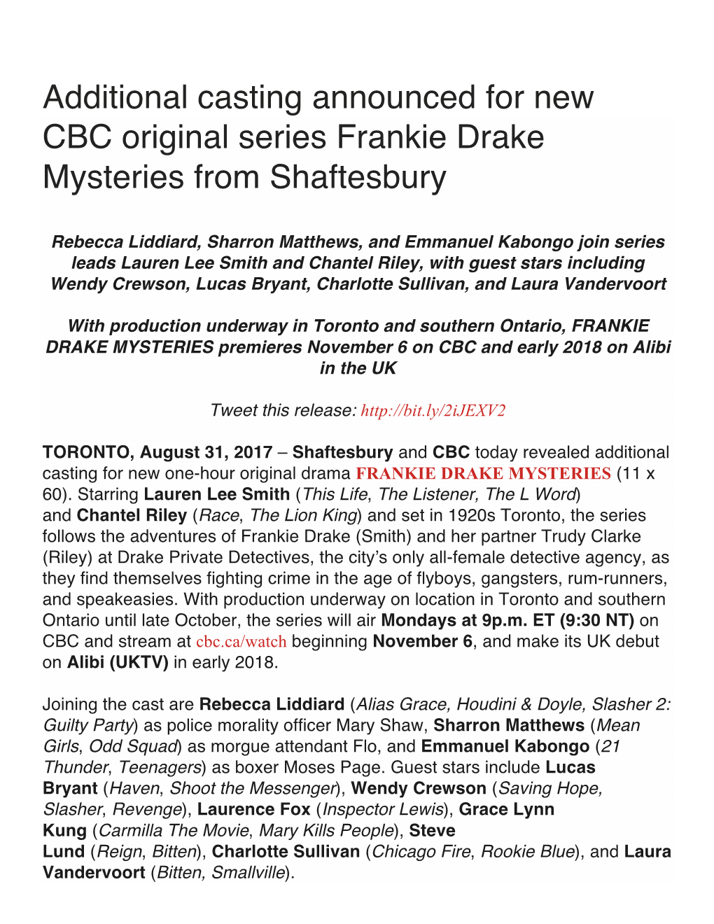 Additional Casting Announced for New CBC Original Series Frankie Drake Mysteries from Shaftesbury