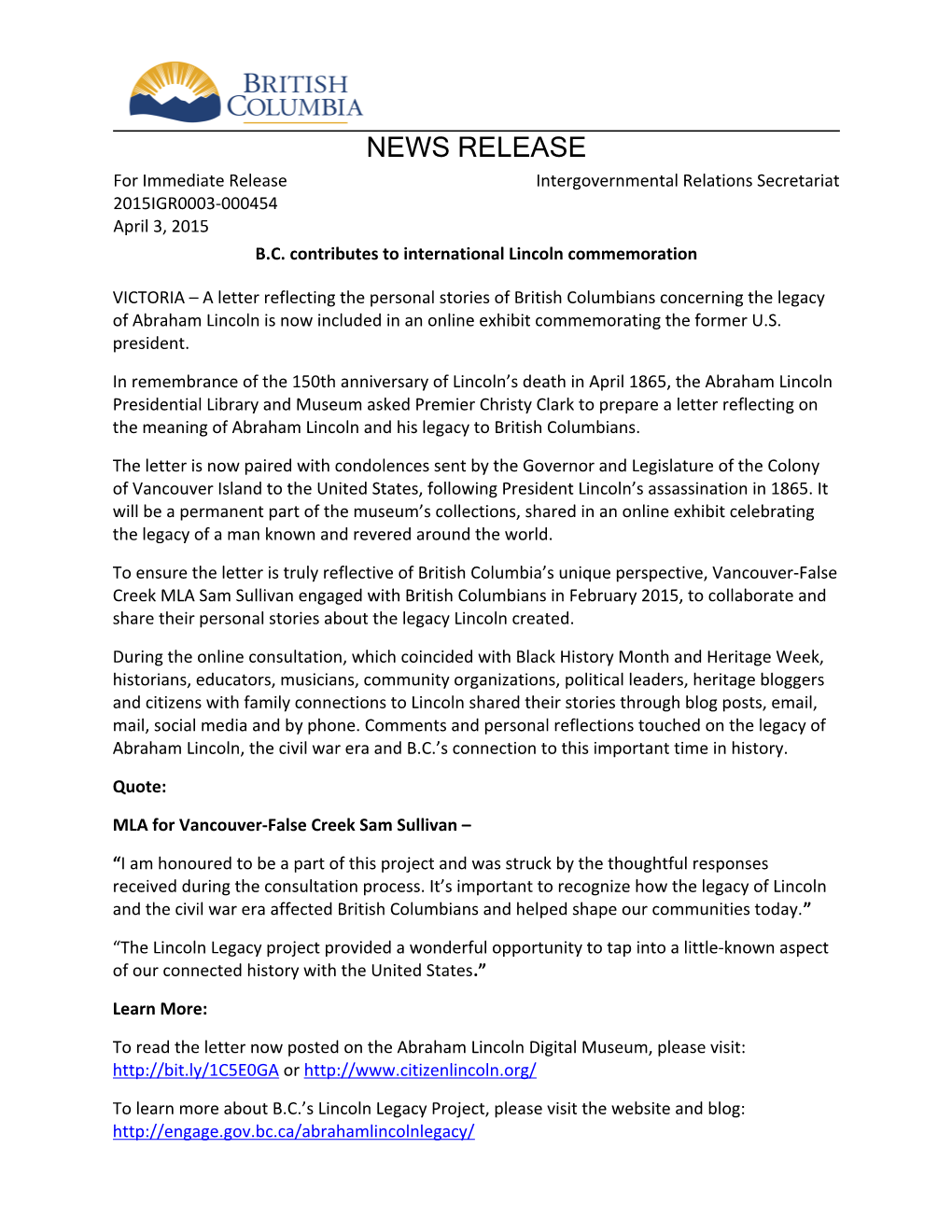 NEWS RELEASE for Immediate Release Intergovernmental Relations Secretariat 2015IGR0003-000454 April 3, 2015 B.C