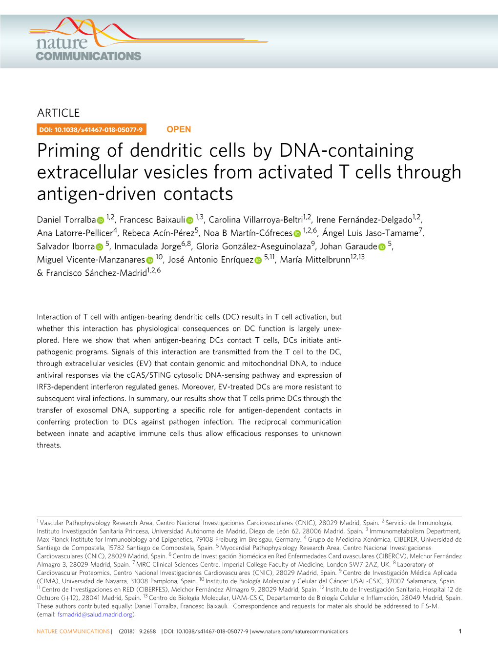 Priming of Dendritic Cells by DNA-Containing Extracellular Vesicles from Activated T Cells Through Antigen-Driven Contacts