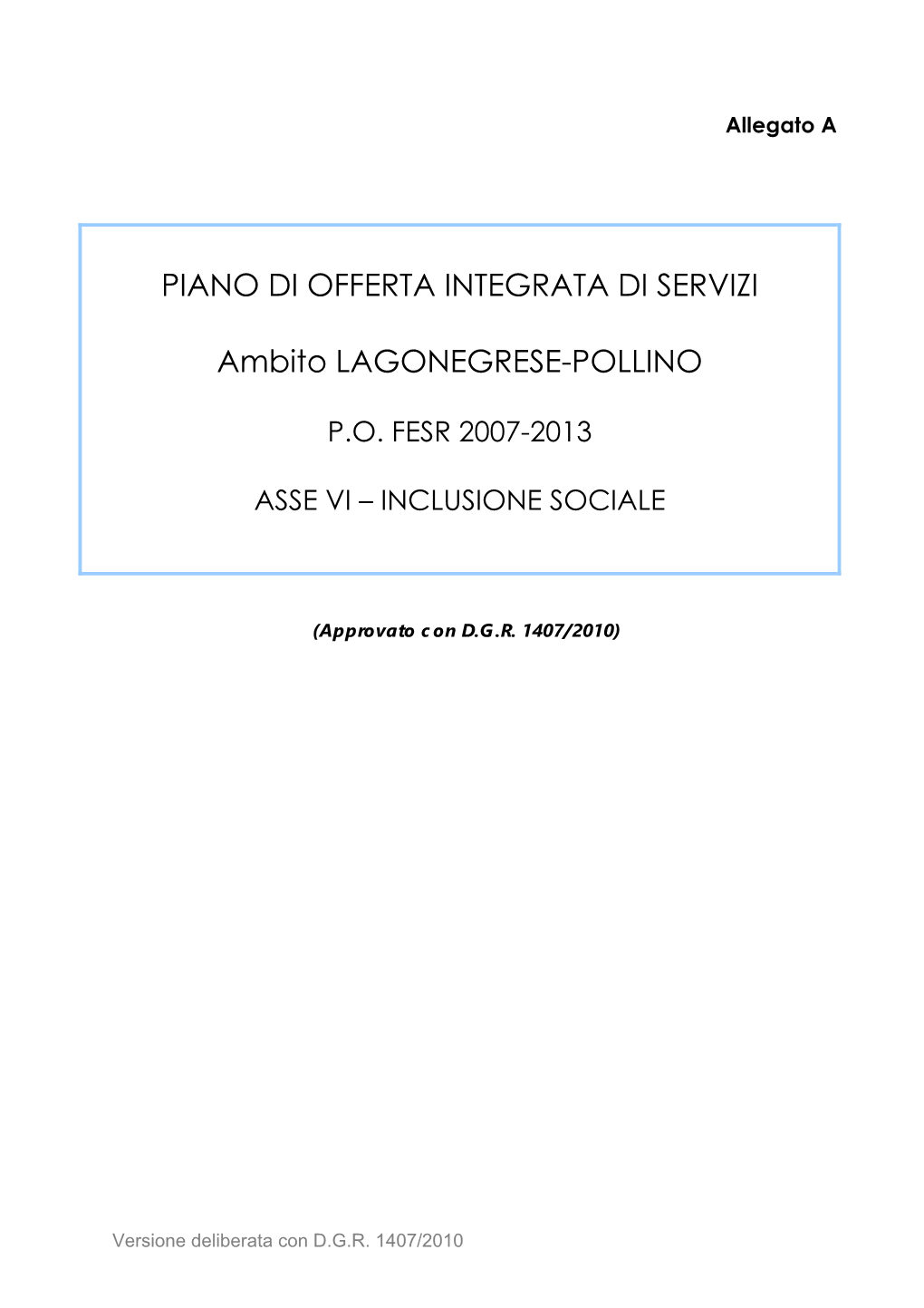 Piano Di Offerta Integrata Di Servizi Ambito Lagonegrese-Pollino P.O