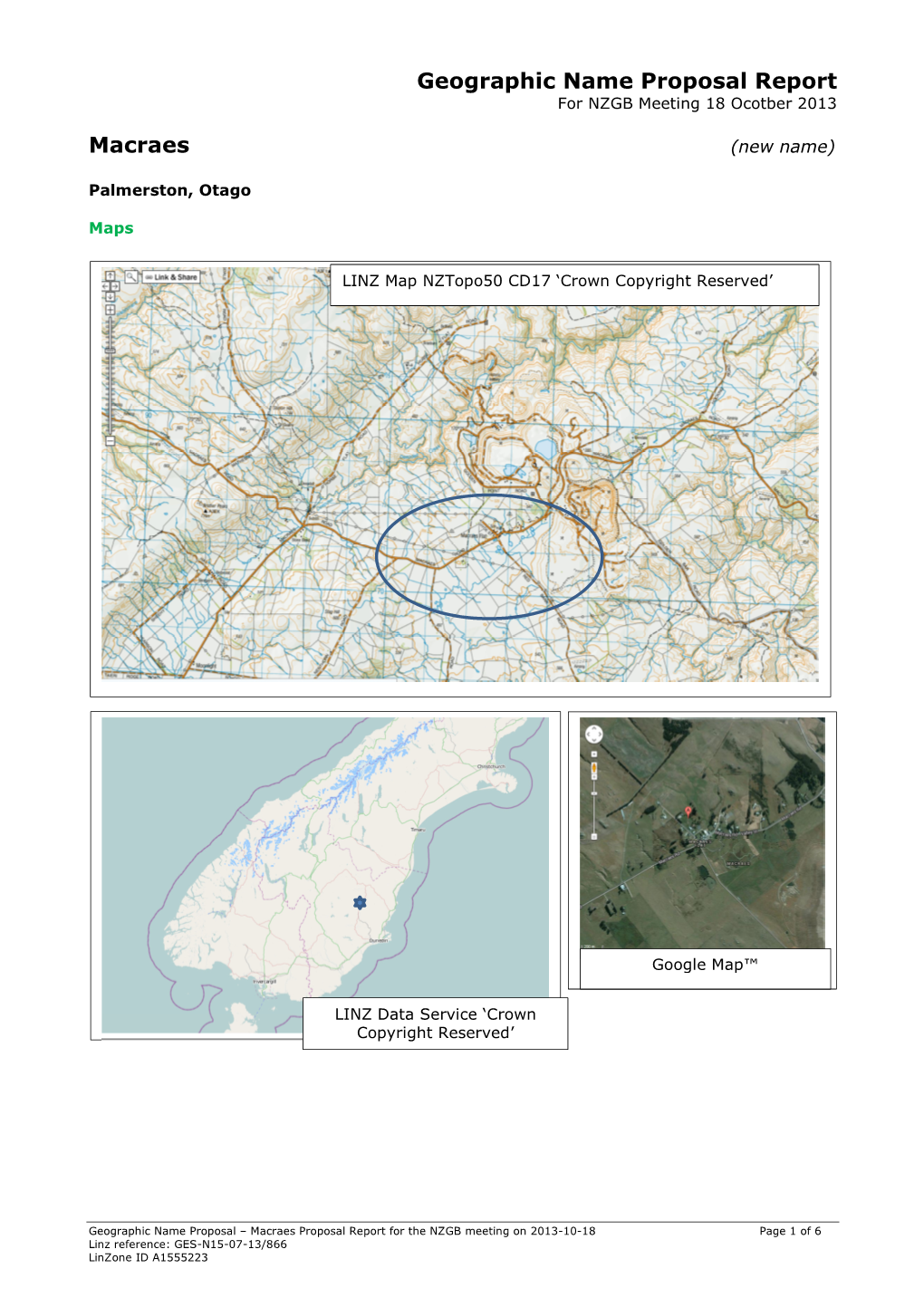 Geographic Name Proposal Report Macraes