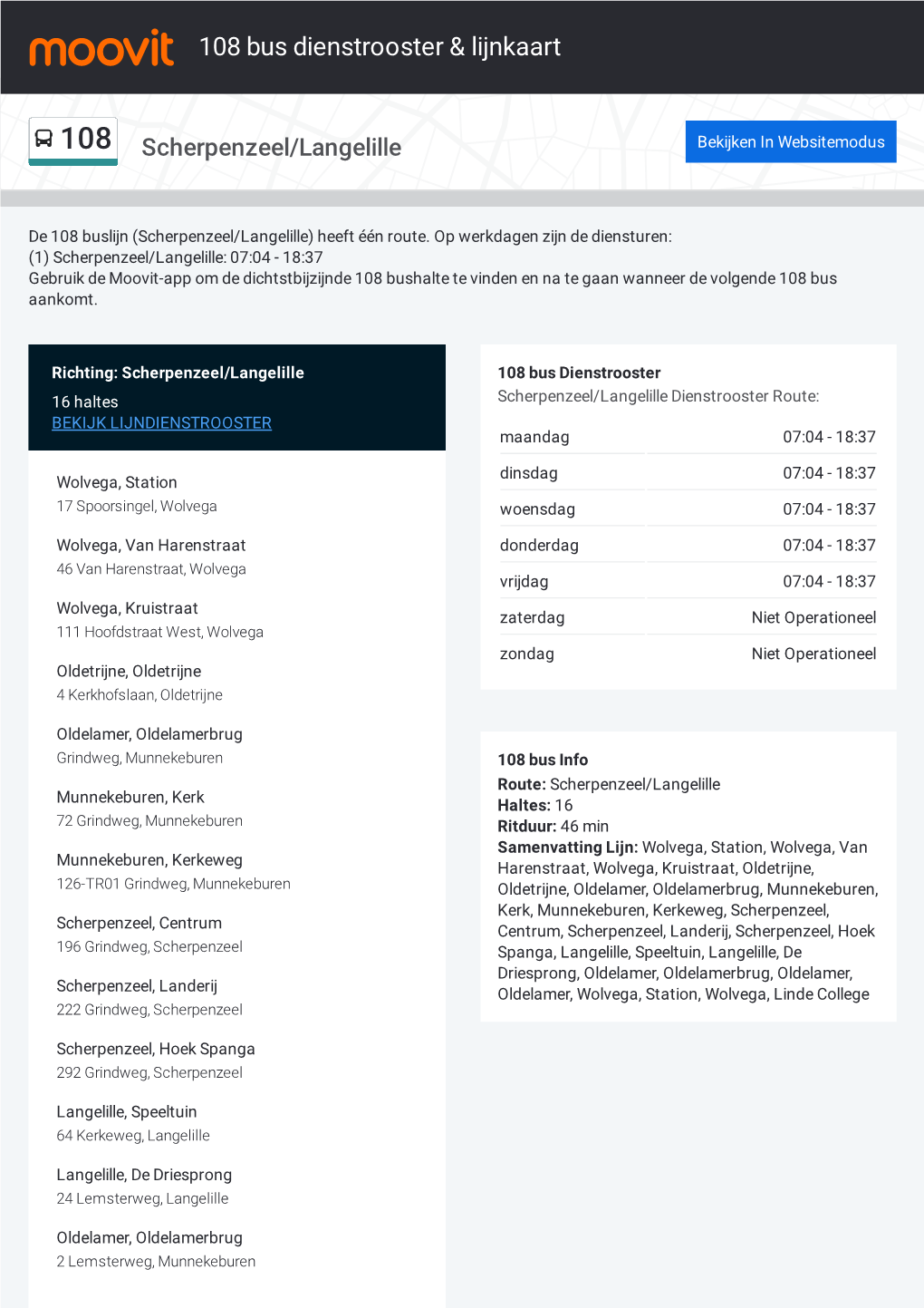 108 Bus Dienstrooster & Lijnroutekaart