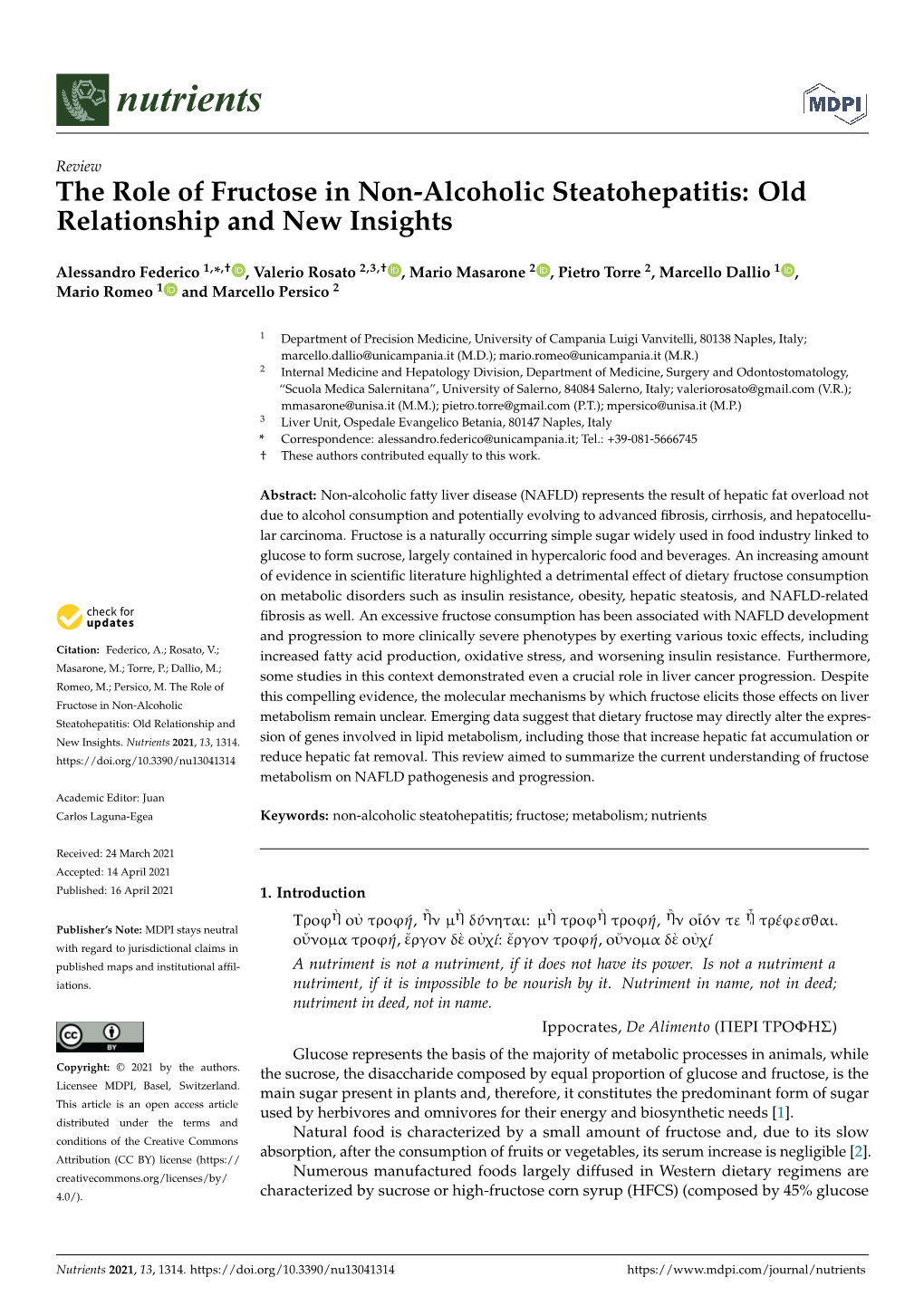 The Role of Fructose in Non-Alcoholic Steatohepatitis