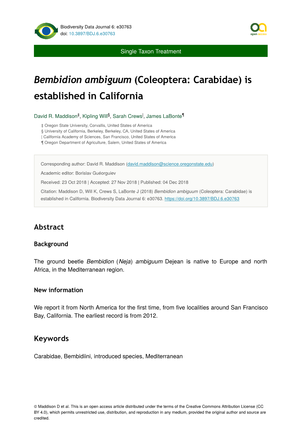 Bembidion Ambiguum (Coleoptera: Carabidae) Is Established in California