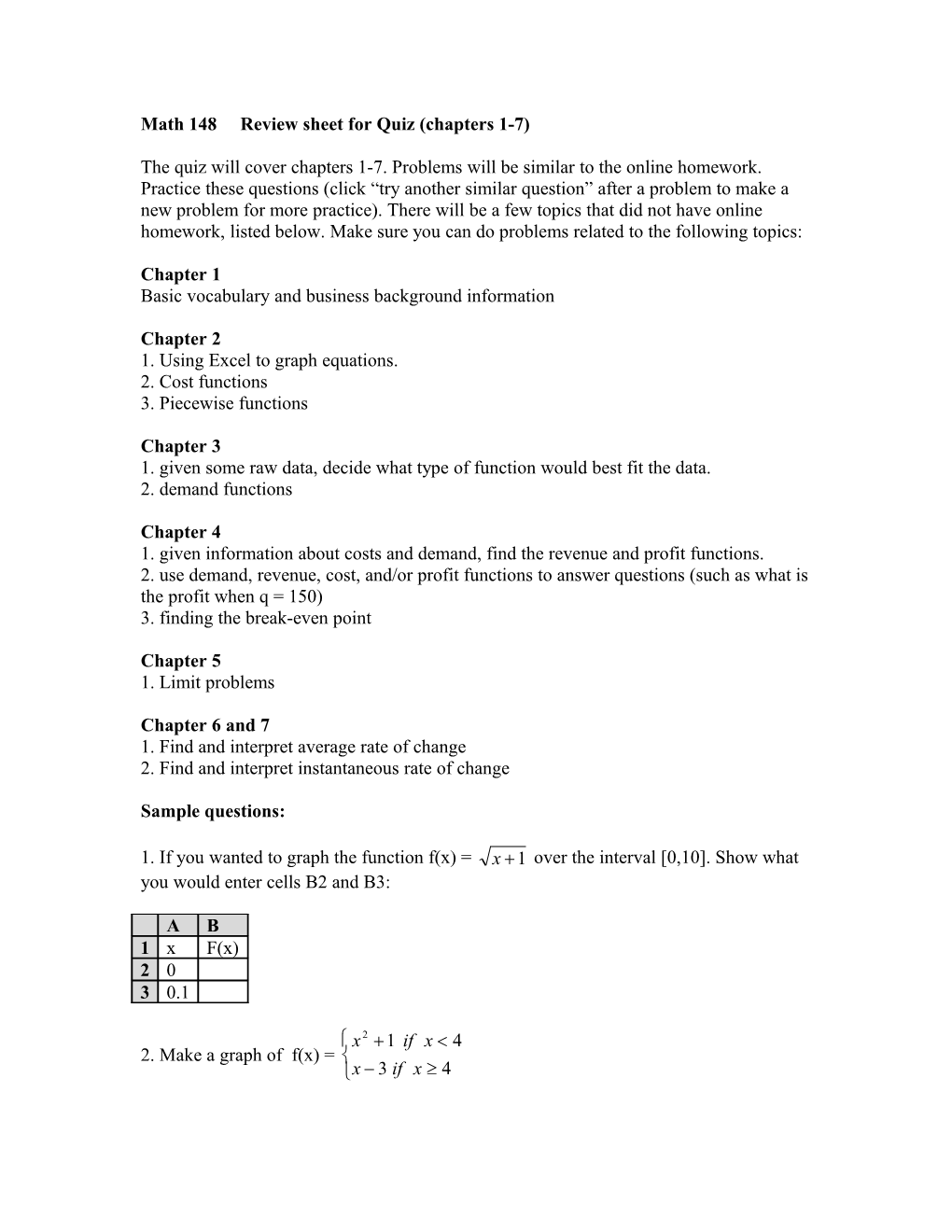 Math 117 Review Sheet for Quiz (Chapters 1-5)