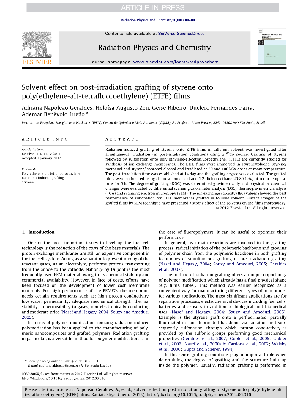 Solvent Effect on Post-Irradiation Grafting of Styrene Onto Poly(Ethylene-Alt-Tetraﬂuoroethylene) (ETFE) ﬁlms