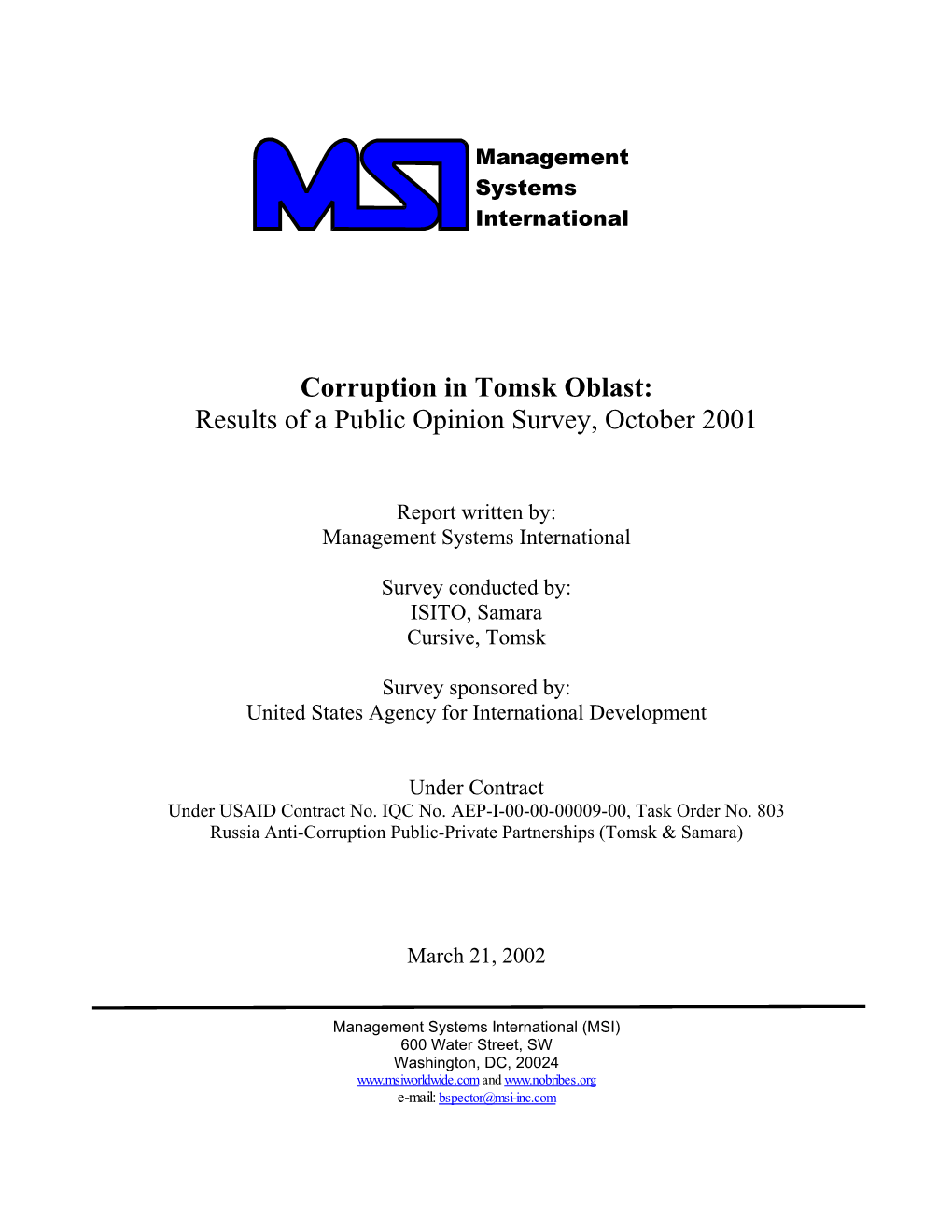 Corruption in Tomsk Oblast: Results of a Public Opinion Survey, October 2001