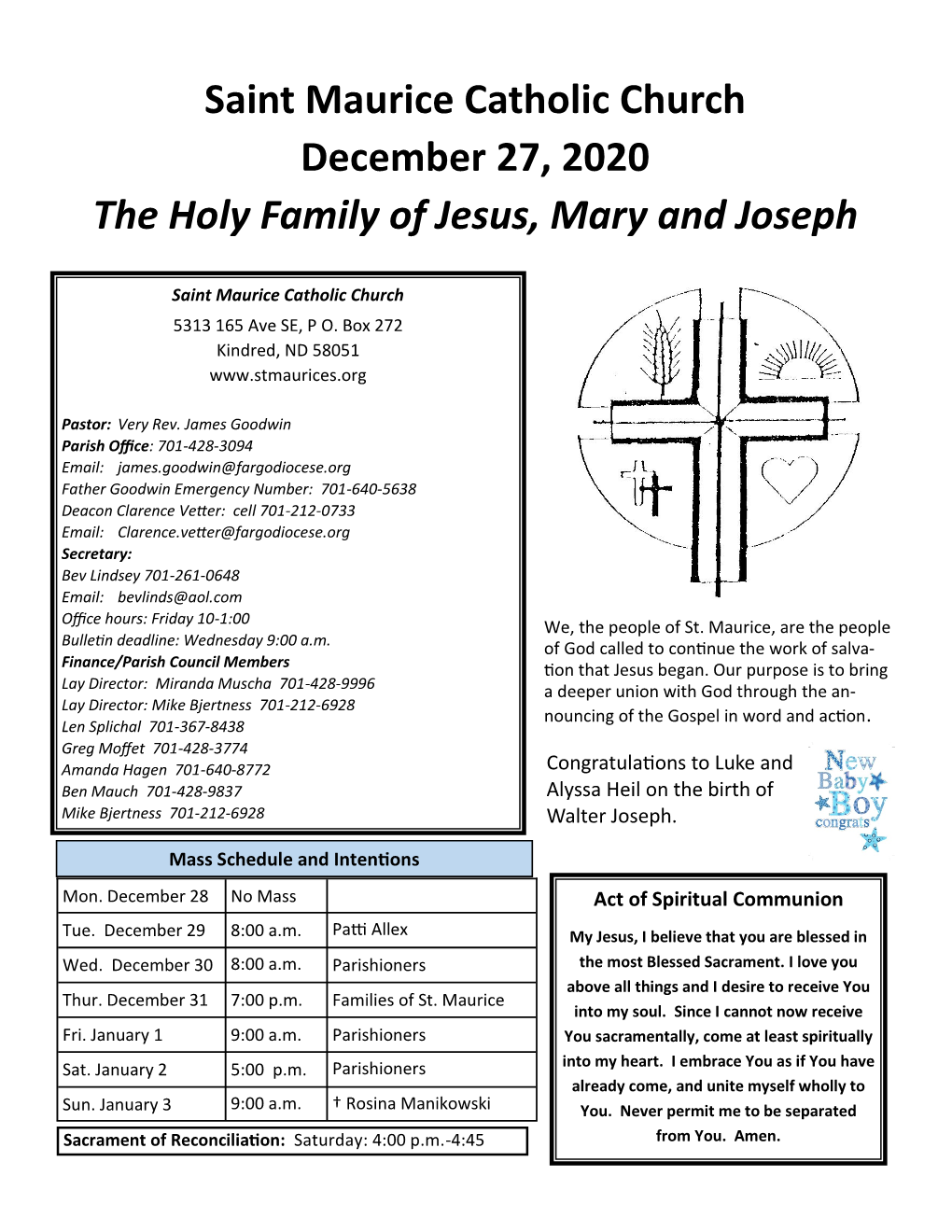 Saint Maurice Catholic Church December 27, 2020 the Holy Family of Jesus, Mary and Joseph